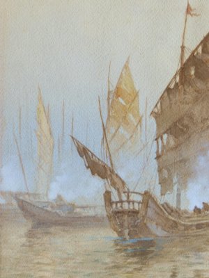 Oriental Boats Watercolor Painting, Early 20th Century-ARU-1005746