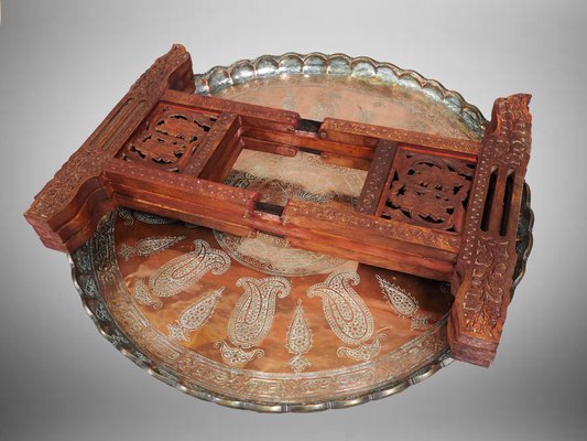 Oriental Islamic Ottoman Hammer Engraved Copper Table Tray, 1930s-UZN-1394027