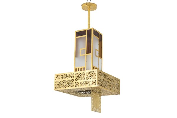 Oriental Style Colored Glass and Gilt Metal Chandelier, 1960s-CEJ-663768