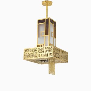 Oriental Style Colored Glass and Gilt Metal Chandelier, 1960s-CEJ-663768