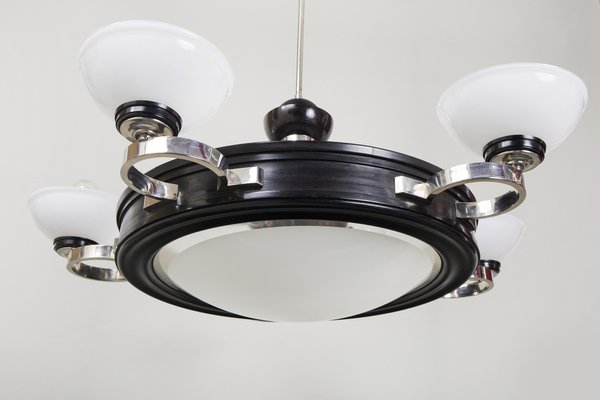 Original Art Deco Chandelier in Oak, Nickel-Plated Brass & Milk Glass, Germany, 1930s-WHY-1778090