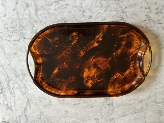 Oval Acrylic Serving Tray in Faux Tortoiseshell -Brass from Guzzini, Italy, 1970s-JO-1760247