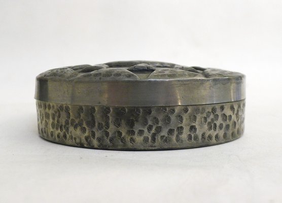 Oval Art Deco Box with Geometric Decor in Tin by Charles, 1930s-RNR-1723782