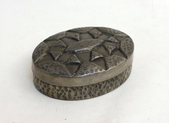 Oval Art Deco Box with Geometric Decor in Tin by Charles, 1930s-RNR-1723782