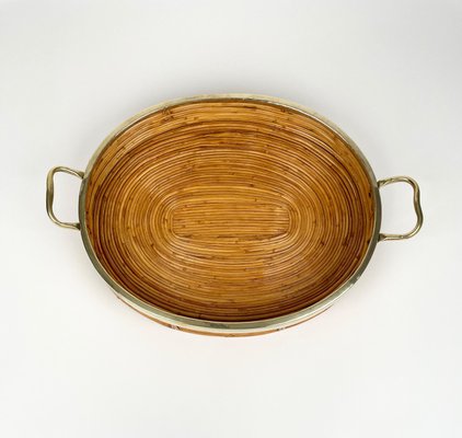 Oval Serving Tray in Bamboo, Rattan & Brass, Italy, 1970s-LYQ-1288546