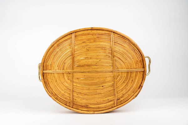 Oval Serving Tray in Bamboo, Rattan & Brass, Italy, 1970s-LYQ-1288546