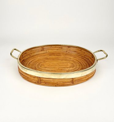 Oval Serving Tray in Bamboo, Rattan & Brass, Italy, 1970s-LYQ-1288546