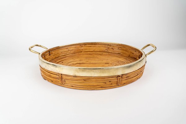 Oval Serving Tray in Bamboo, Rattan & Brass, Italy, 1970s-LYQ-1288546