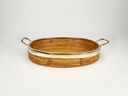 Oval Serving Tray in Bamboo, Rattan & Brass, Italy, 1970s-LYQ-1288546