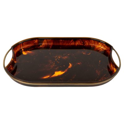 Oval Serving Tray in Effect Tortoiseshell Acrylic & Brass attributed to Guzzini, Italy, 1970s-LYQ-1813209