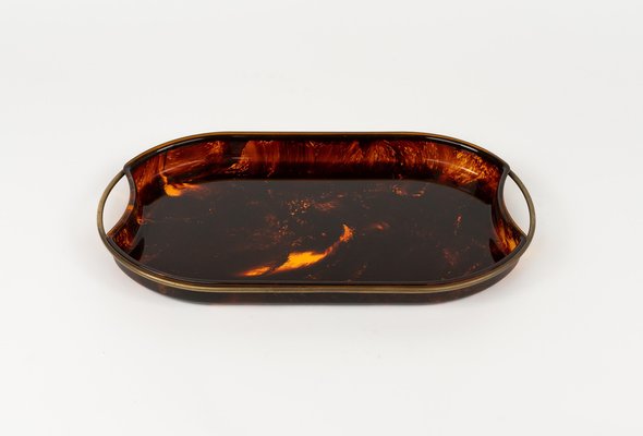 Oval Serving Tray in Effect Tortoiseshell Acrylic & Brass attributed to Guzzini, Italy, 1970s-LYQ-1813209