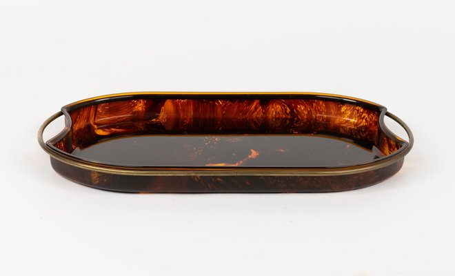 Oval Serving Tray in Effect Tortoiseshell Acrylic & Brass attributed to Guzzini, Italy, 1970s-LYQ-1813209