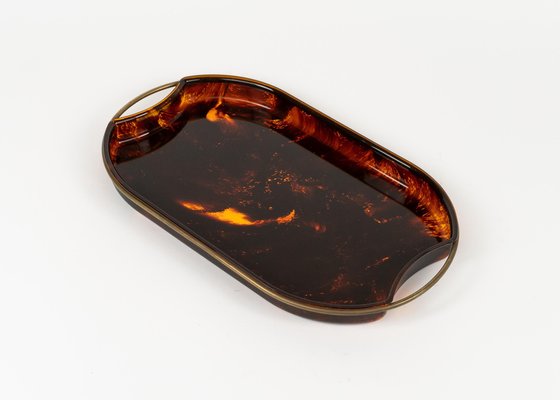 Oval Serving Tray in Effect Tortoiseshell Acrylic & Brass attributed to Guzzini, Italy, 1970s-LYQ-1813209