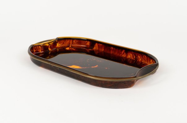 Oval Serving Tray in Effect Tortoiseshell Acrylic & Brass attributed to Guzzini, Italy, 1970s-LYQ-1813209