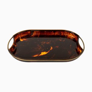 Oval Serving Tray in Effect Tortoiseshell Acrylic & Brass attributed to Guzzini, Italy, 1970s-LYQ-1813209