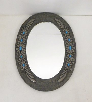 Oval Wall Mirror with Pewter Frame Decorated with Large Flowers in Relief, with Turquoise Heart, 1950s-RNR-2026911