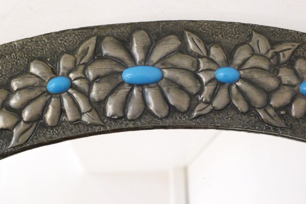 Oval Wall Mirror with Pewter Frame Decorated with Large Flowers in Relief, with Turquoise Heart, 1950s-RNR-2026911