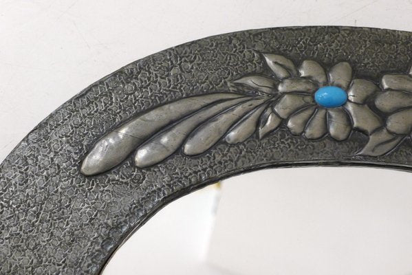 Oval Wall Mirror with Pewter Frame Decorated with Large Flowers in Relief, with Turquoise Heart, 1950s-RNR-2026911