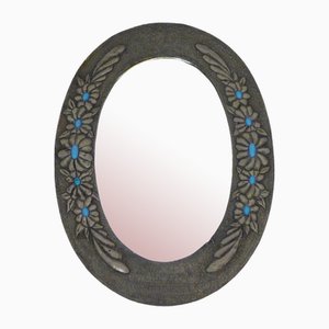 Oval Wall Mirror with Pewter Frame Decorated with Large Flowers in Relief, with Turquoise Heart, 1950s-RNR-2026911