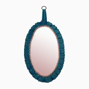 Oval Wall Mirror with Pleated Velvet Frame & Small Flowers, 1960s-RNR-2026920