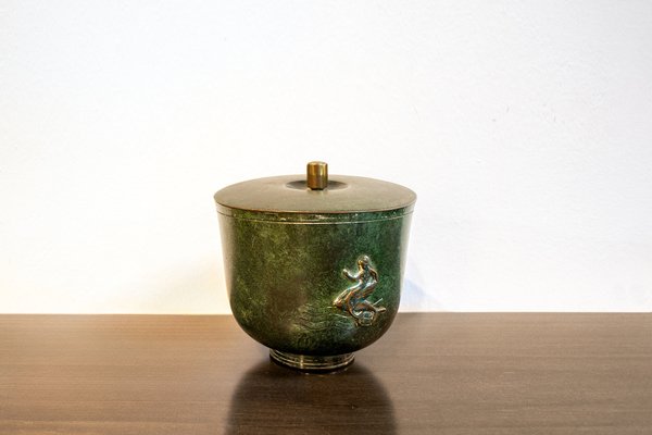 Oxidian Brass Container Vase with Siren Decoration, Italy, 1940s-VCV-1821245