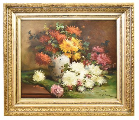 P. Valmon, Dahlias, Oil on Canvas, 19th Century, Framed-YVI-1749819