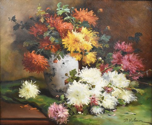 P. Valmon, Dahlias, Oil on Canvas, 19th Century, Framed-YVI-1749819