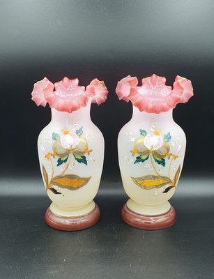 Painted Ruffled Edge Opaline Vases, France, Set of 2-OZS-1388704