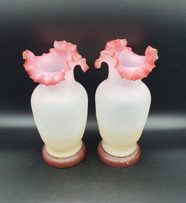 Painted Ruffled Edge Opaline Vases, France, Set of 2-OZS-1388704