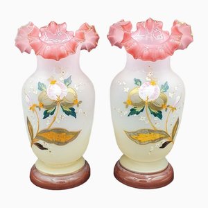 Painted Ruffled Edge Opaline Vases, France, Set of 2-OZS-1388704