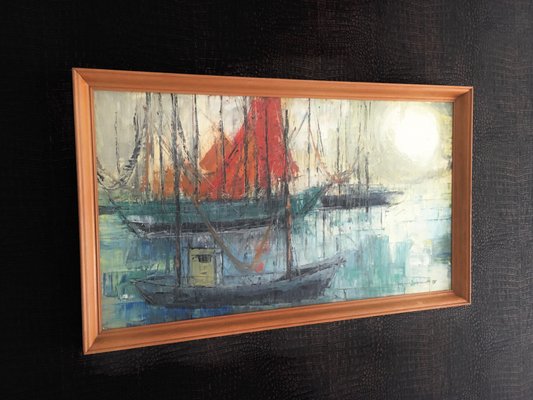 Painting, Marina Boating Scene, 1960s, Belgium-RQV-988406