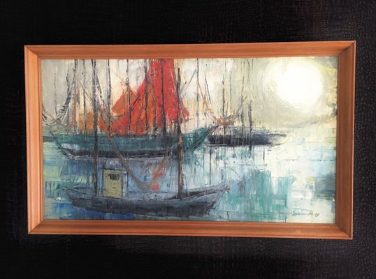 Painting, Marina Boating Scene, 1960s, Belgium-RQV-988406