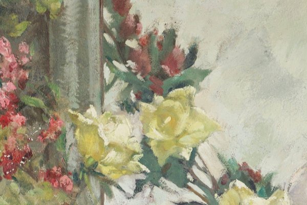 Painting on Wood of a Bouquet of Flowers in Front of a Mirror, 1920s-WFS-744767