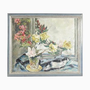 Painting on Wood of a Bouquet of Flowers in Front of a Mirror, 1920s-WFS-744767