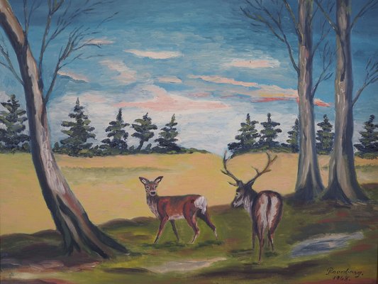 Painting, The Pair of Deer, 1960s, Wood, Framed-VND-1776736