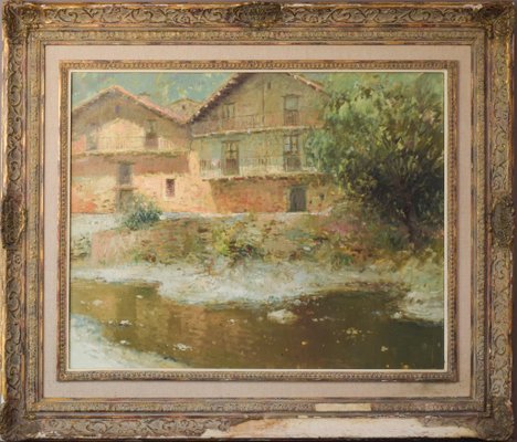 Palau Junca, Impressionist Painting with River and Chalets, Oil on Canvas, Framed-AOI-1114746