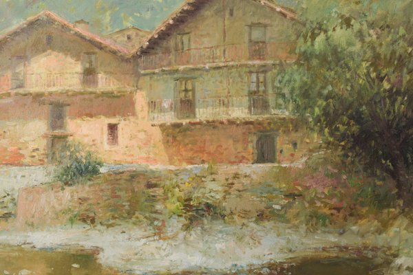 Palau Junca, Impressionist Painting with River and Chalets, Oil on Canvas, Framed-AOI-1114746