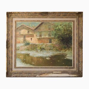 Palau Junca, Impressionist Painting with River and Chalets, Oil on Canvas, Framed-AOI-1114746