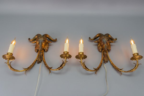 Palladio Gilt Metal and Giltwood Rams Head Two-Light Sconces, 1960s, Set of 2-KEG-1677800