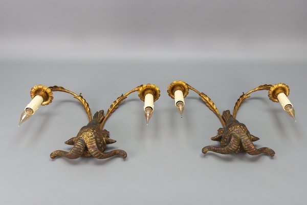 Palladio Gilt Metal and Giltwood Rams Head Two-Light Sconces, 1960s, Set of 2-KEG-1677800