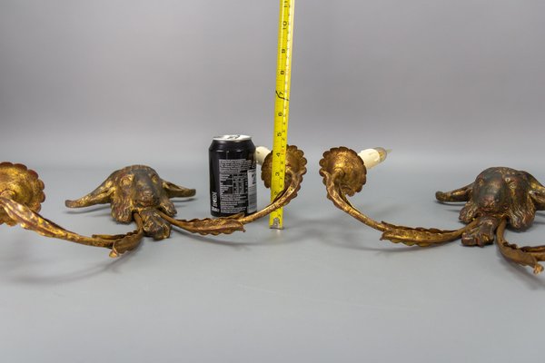 Palladio Gilt Metal and Giltwood Rams Head Two-Light Sconces, 1960s, Set of 2-KEG-1677800