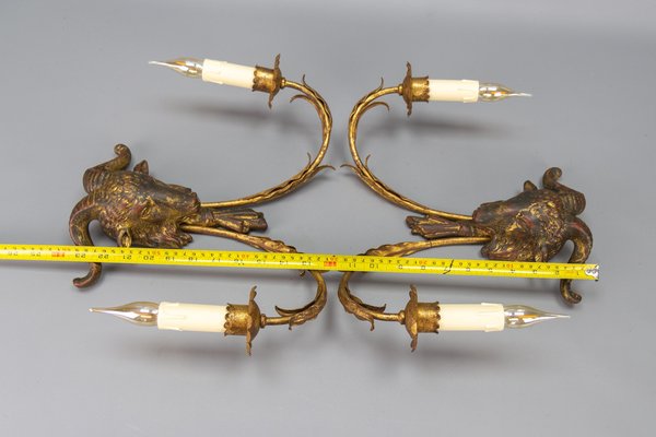 Palladio Gilt Metal and Giltwood Rams Head Two-Light Sconces, 1960s, Set of 2-KEG-1677800