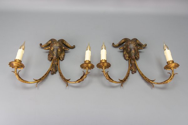 Palladio Gilt Metal and Giltwood Rams Head Two-Light Sconces, 1960s, Set of 2-KEG-1677800