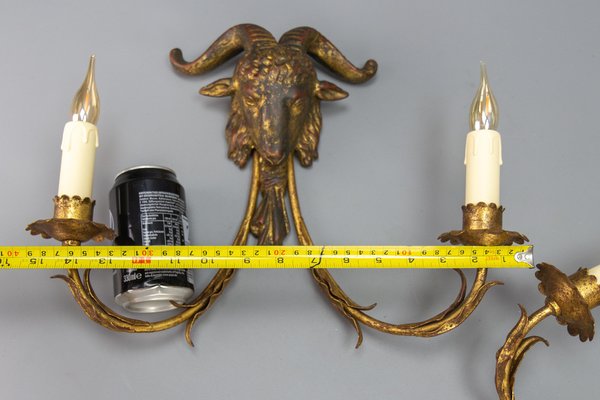 Palladio Gilt Metal and Giltwood Rams Head Two-Light Sconces, 1960s, Set of 2-KEG-1677800