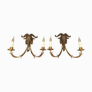 Palladio Gilt Metal and Giltwood Rams Head Two-Light Sconces, 1960s, Set of 2-KEG-1677800