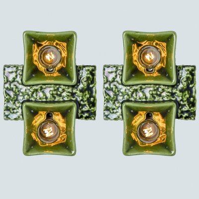 Pan Ceramics Green Textured Square Wall Lights, 1970s-VDW-2035173