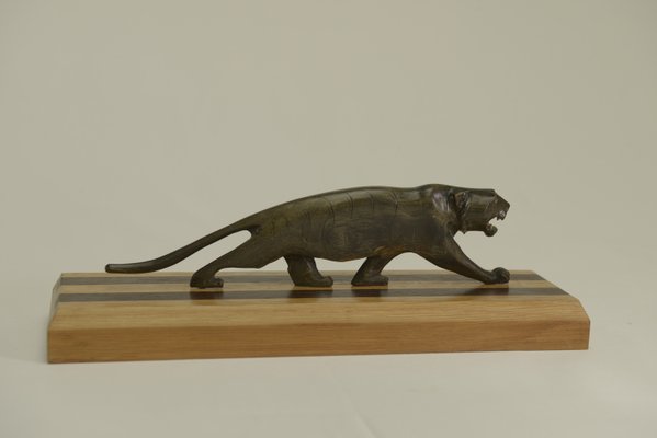 Panther Sculpture on Oak Wood Base with Wenge Inlay, 1920s-NEN-2021751