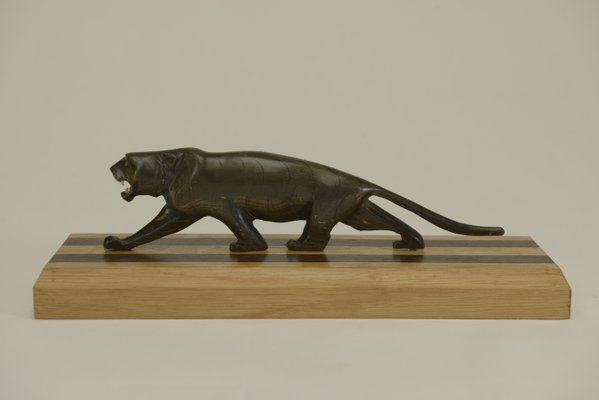 Panther Sculpture on Oak Wood Base with Wenge Inlay, 1920s-NEN-2021751