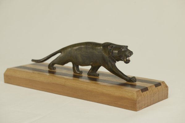 Panther Sculpture on Oak Wood Base with Wenge Inlay, 1920s-NEN-2021751