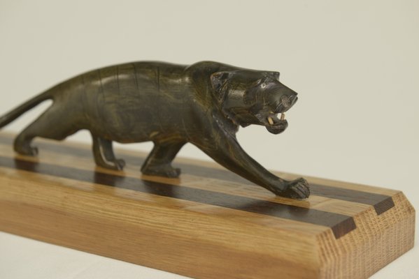 Panther Sculpture on Oak Wood Base with Wenge Inlay, 1920s-NEN-2021751